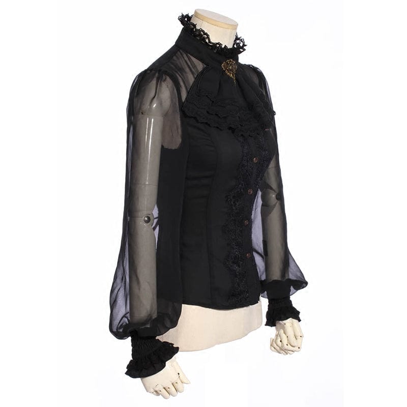 RQ-BL Women's Steampunk Puff Sleeved Floral Embroidered Shirt with Neckwear