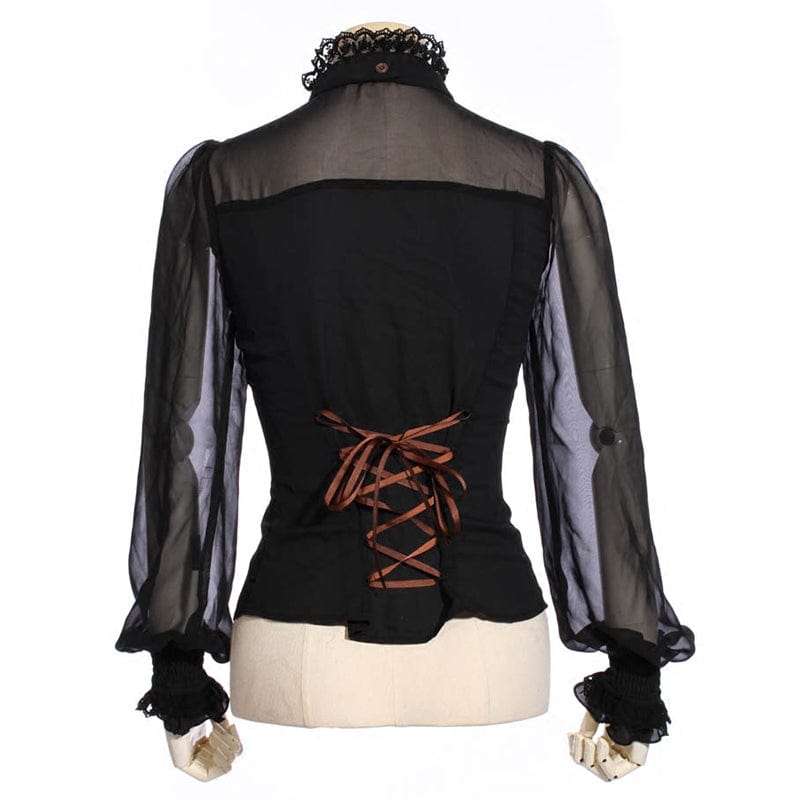 RQ-BL Women's Steampunk Puff Sleeved Floral Embroidered Shirt with Neckwear