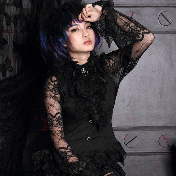 RQ-BL Women's Steampunk Puff Sleeved Lace Splice Shirt with Neckwear