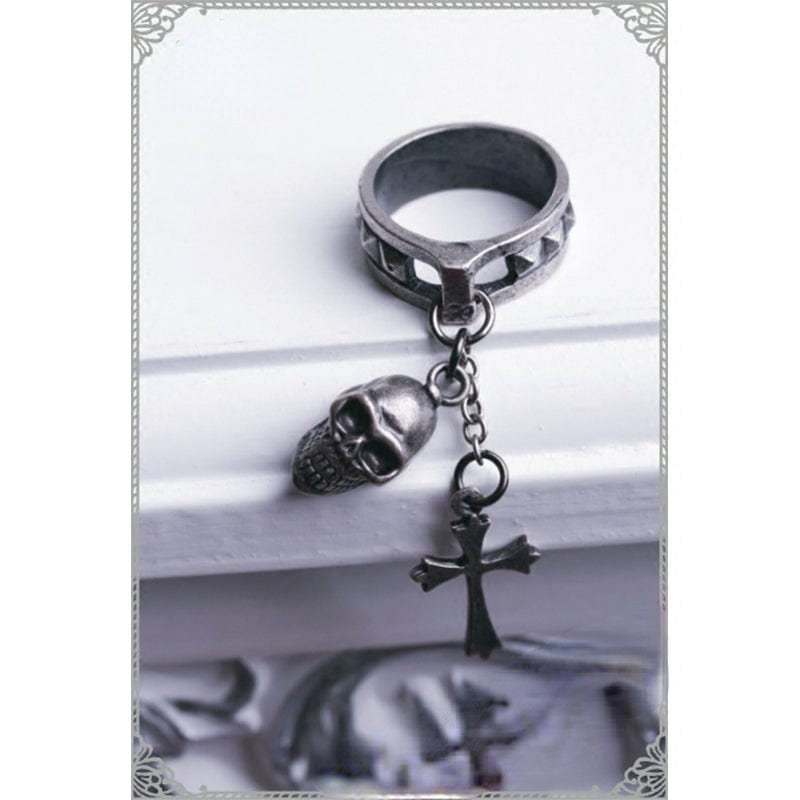 RQ-BL Women's Steampunk Rivets Ring with Skull and Cross