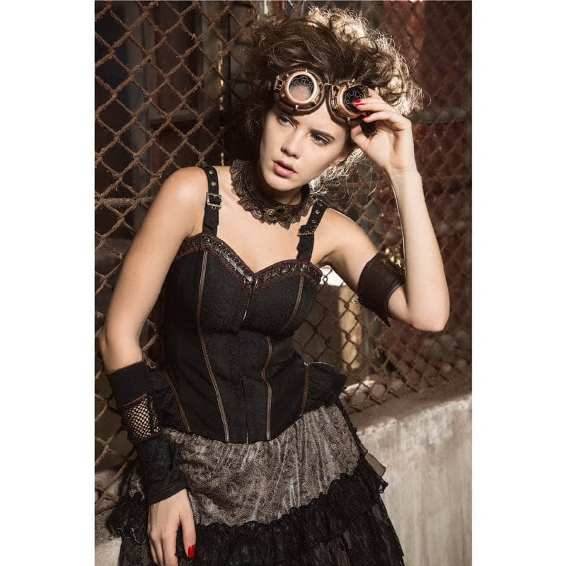 RQ-BL Women's Steampunk Ruffled Buckles Bustier with Choker