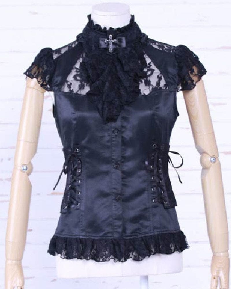 RQ-BL Women's Steampunk Strappy Lace Splice Shirt with Neckwear