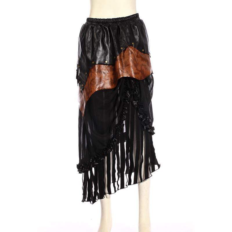RQ-BL Women's Tiered Faux Leather and Net Steampunk Skirt