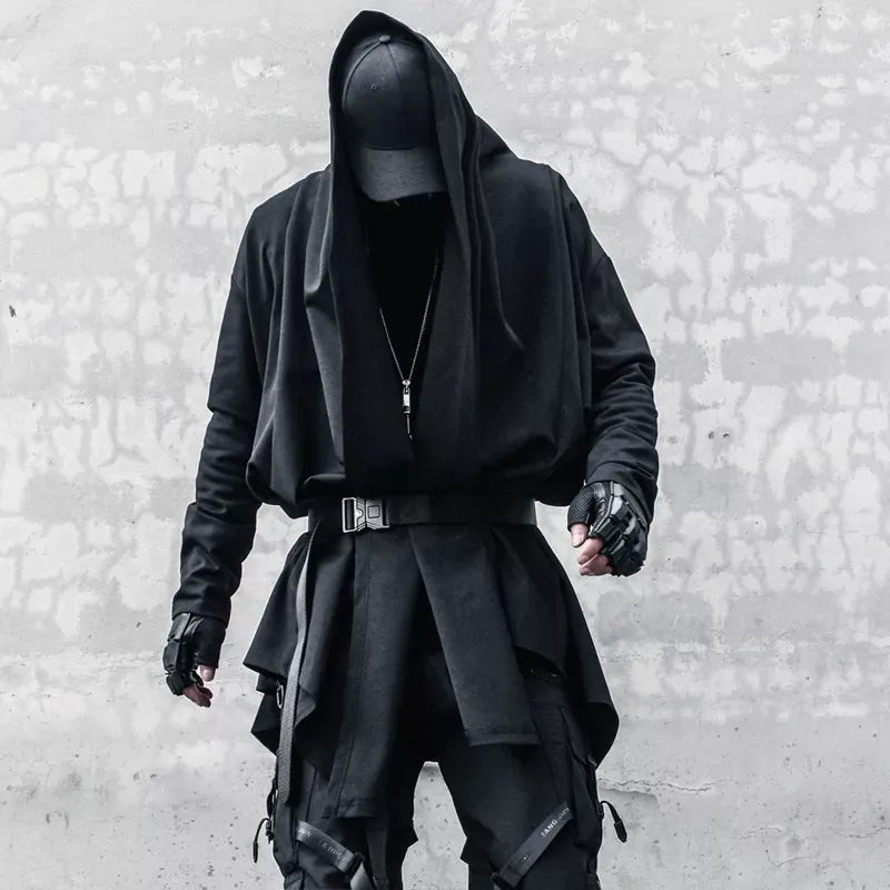 Kobine Men's Techwear Open Front Draped Patchwork Irregular Hem Coat with Belt