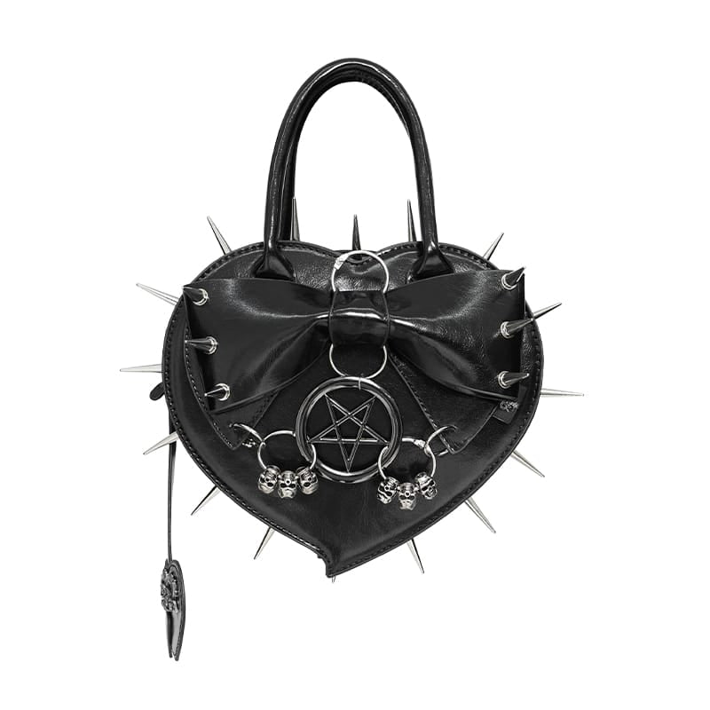 DEVIL FASHION Women's Gothic Pentacle Spiked Heart-Shaped Handbag Black
