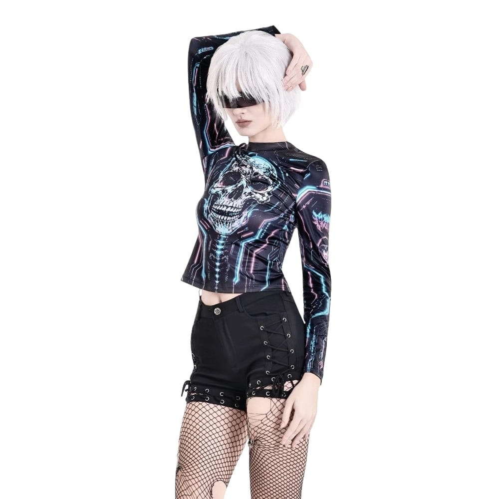 Darkinlove Women's Cyberpunk Neon Circuit Skull Print Mock Neck Long Sleeve Top