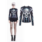 Darkinlove Women's Cyberpunk Neon Circuit Skull Print Mock Neck Long Sleeve Top