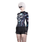 Darkinlove Women's Cyberpunk Neon Circuit Skull Print Mock Neck Long Sleeve Top