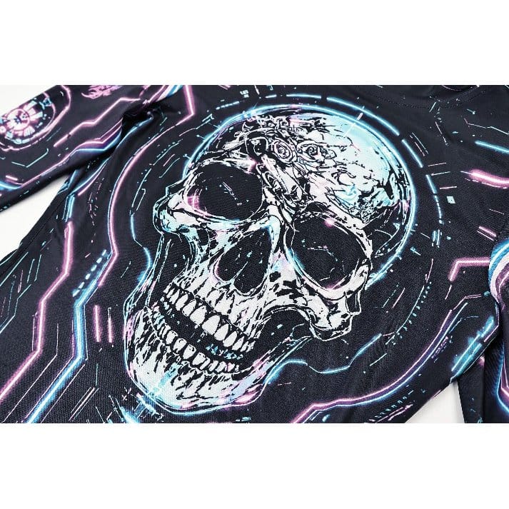Darkinlove Women's Cyberpunk Neon Circuit Skull Print Mock Neck Long Sleeve Top