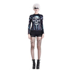 Darkinlove Women's Cyberpunk Neon Circuit Skull Print Mock Neck Long Sleeve Top