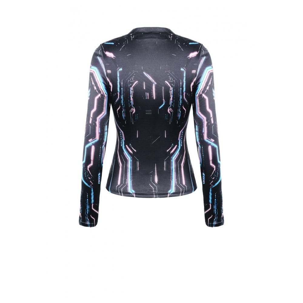 Darkinlove Women's Cyberpunk Neon Circuit Skull Print Mock Neck Long Sleeve Top