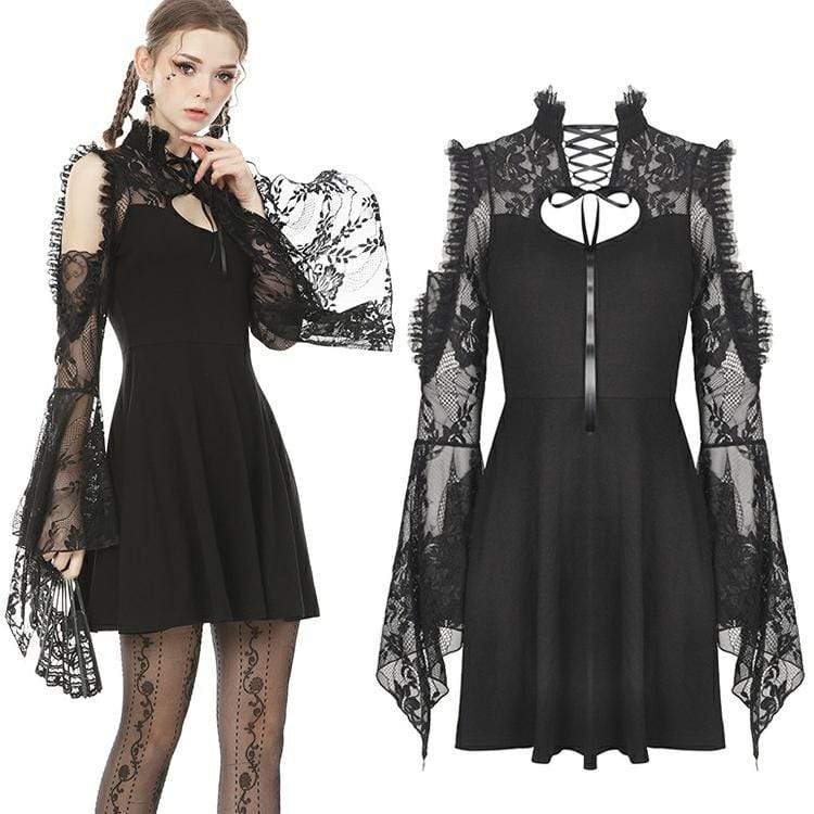 Darkinlove Women's Dark Cutout Shoulder Lace Sleeved Black Little Dresses