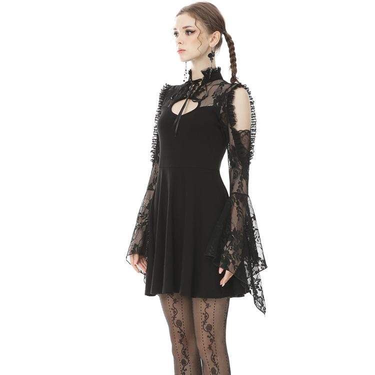 Darkinlove Women's Dark Cutout Shoulder Lace Sleeved Black Little Dresses