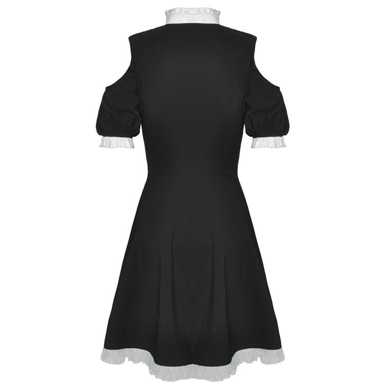 Darkinlove Women's Dark Cutout Shoulder Shirt Collar Black Dress Maid Dresses with Belt