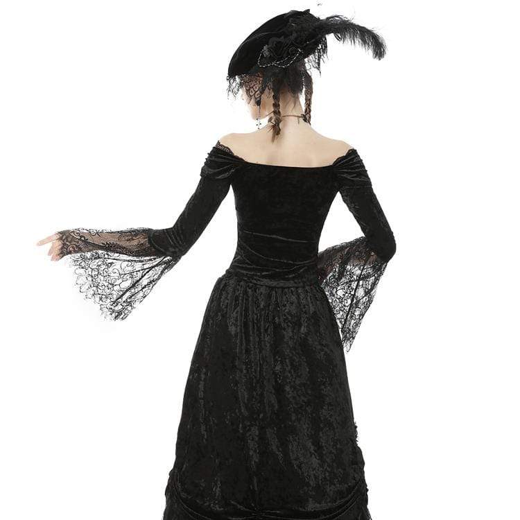 Darkinlove Women's Goth Off Shoulder Floral Lace Sleeve Velet Tops