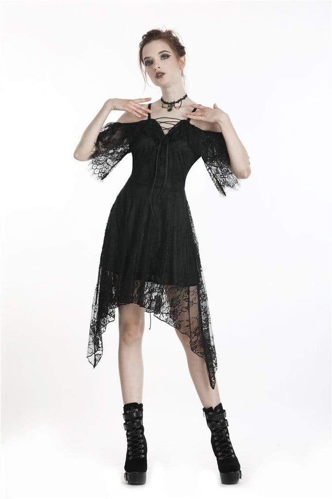 Darkinlove Women's Goth Off-Shoulder Lace Black Little Dress With Irregular Hem