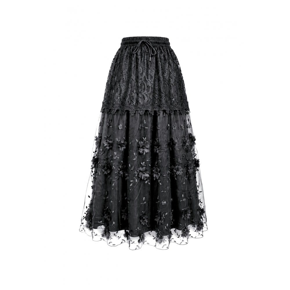 Darkinlove Women's Gothic 3D Floral Applique Vine Embroidered Tiered Maxi Skirt