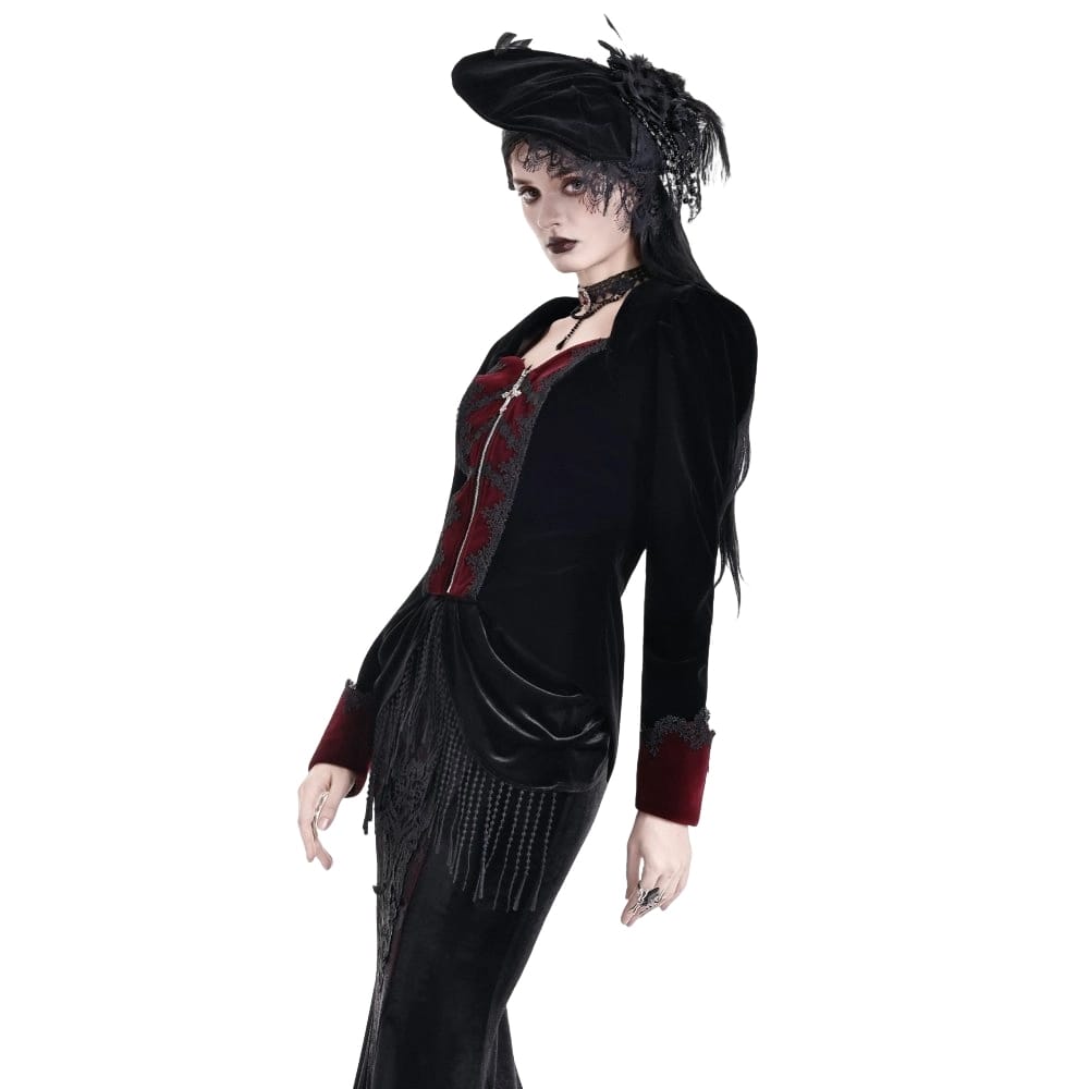 Darkinlove Women's Gothic Applique Two‑Tone Zipper Velvet Tailcoat Jacket