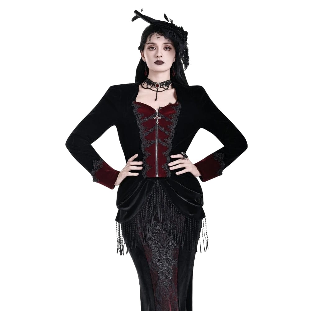 Darkinlove Women's Gothic Applique Two‑Tone Zipper Velvet Tailcoat Jacket