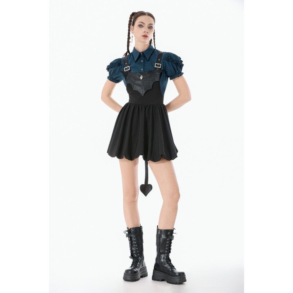 Darkinlove Women's Gothic Bat Wing Buckle Suspender Dress with Tail