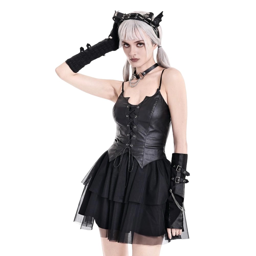 Darkinlove Women's Gothic Bat Wing Cut Edge Lace-up Layered Mesh Hem Slip Dress