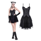 Darkinlove Women's Gothic Bat Wing Cut Edge Lace-up Layered Mesh Hem Slip Dress