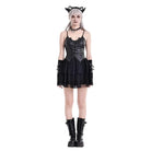Darkinlove Women's Gothic Bat Wing Cut Edge Lace-up Layered Mesh Hem Slip Dress