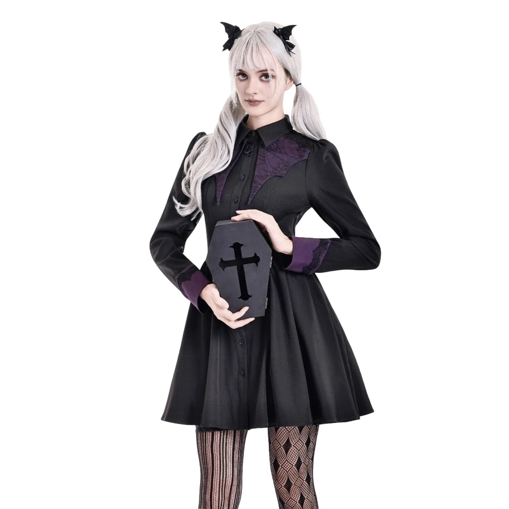 Darkinlove Women's Gothic Bat Wing Patchwork Two‑Tone Long Sleeved Short Dress