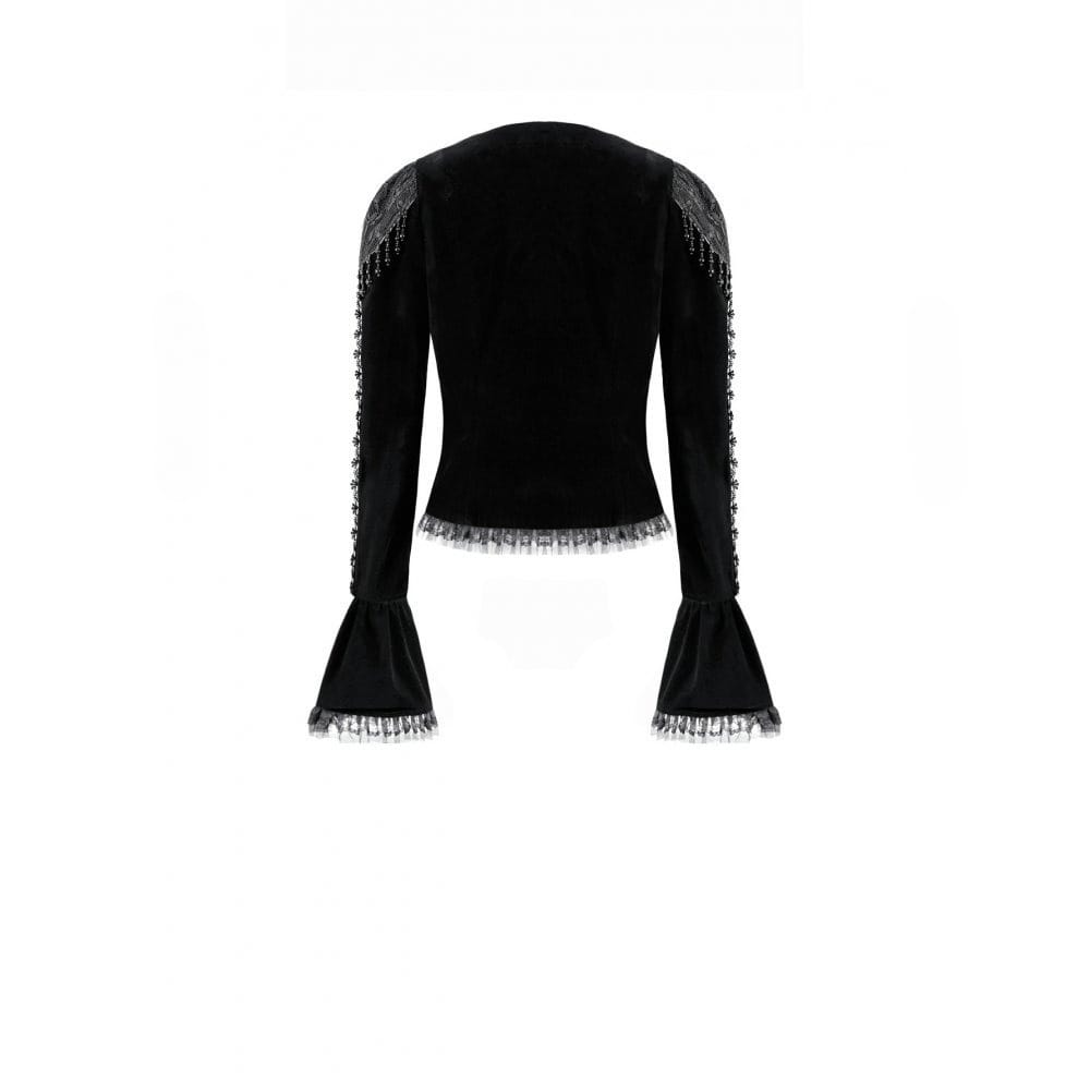 Darkinlove Women's Gothic Beaded Tassel Lace Trim Bell Sleeve Velvet Top