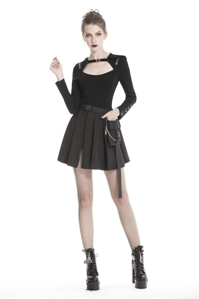 Darkinlove Women's Gothic Black Pleated Mini Skirt With Waist Pocket