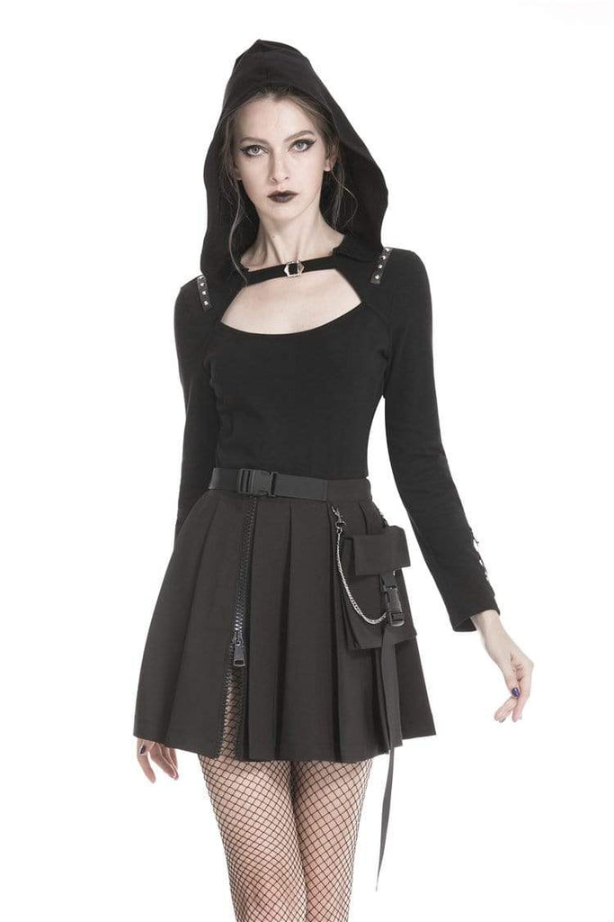 Darkinlove Women's Gothic Black Pleated Mini Skirt With Waist Pocket