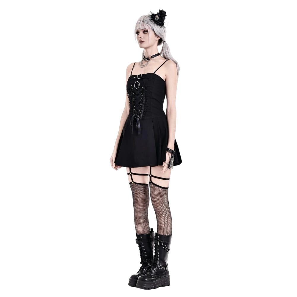 Darkinlove Women's Gothic Buckle Strap Lace-up Slip Dress