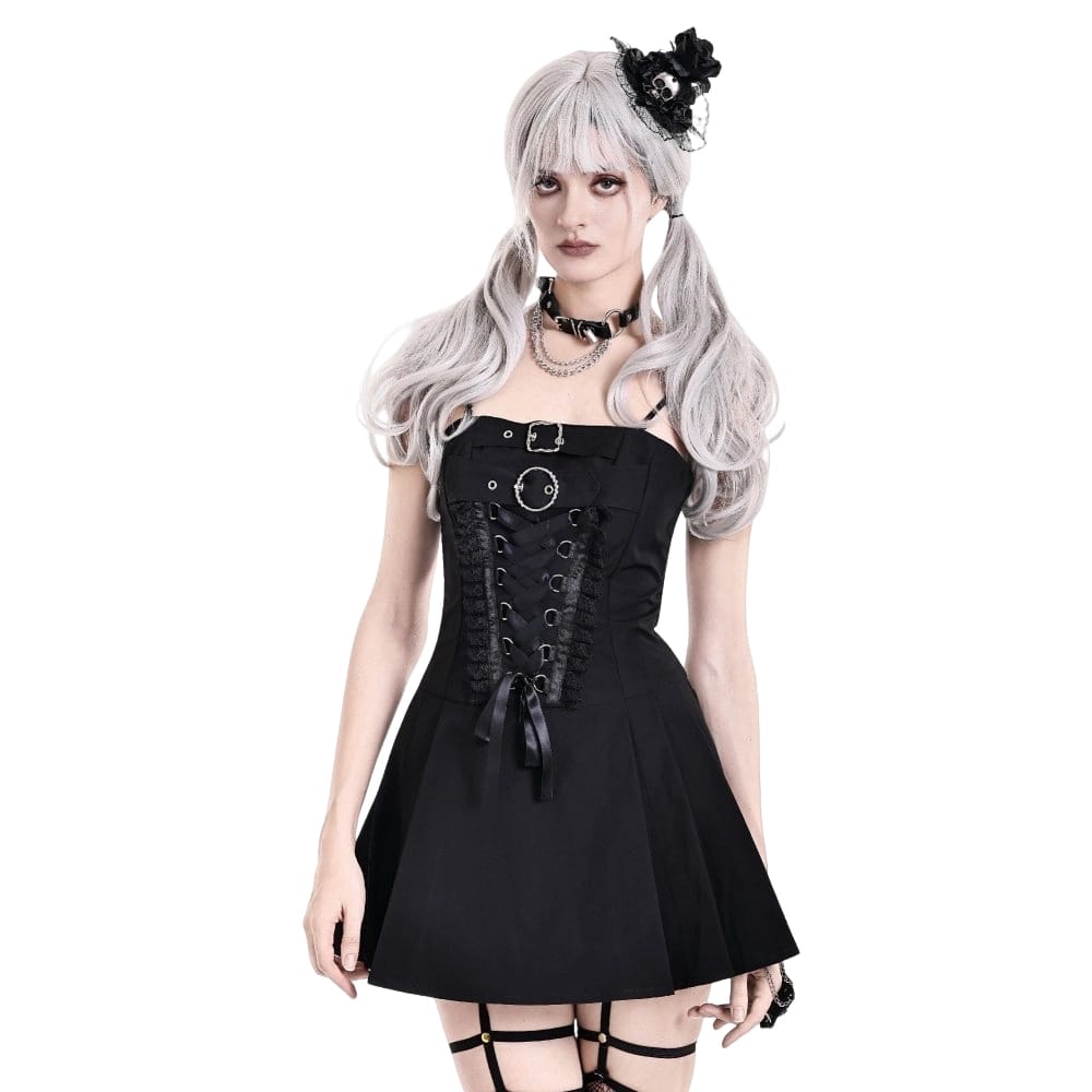 Darkinlove Women's Gothic Buckle Strap Lace-up Slip Dress