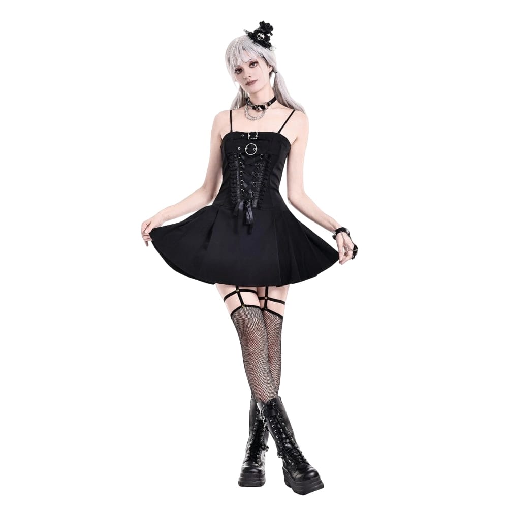 Darkinlove Women's Gothic Buckle Strap Lace-up Slip Dress