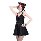 Darkinlove Women's Gothic Buckle Strap Plunging V-neck Slip Dress