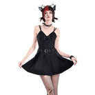 Darkinlove Women's Gothic Buckle Strap Plunging V-neck Slip Dress