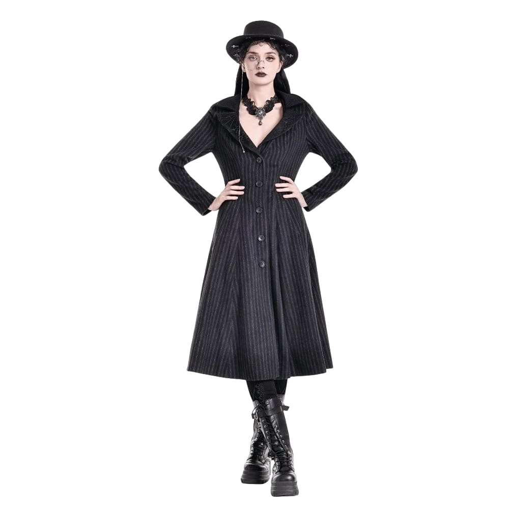 Darkinlove Women's Gothic Cobweb Lapel Pinstripe Single-breasted Long Coat
