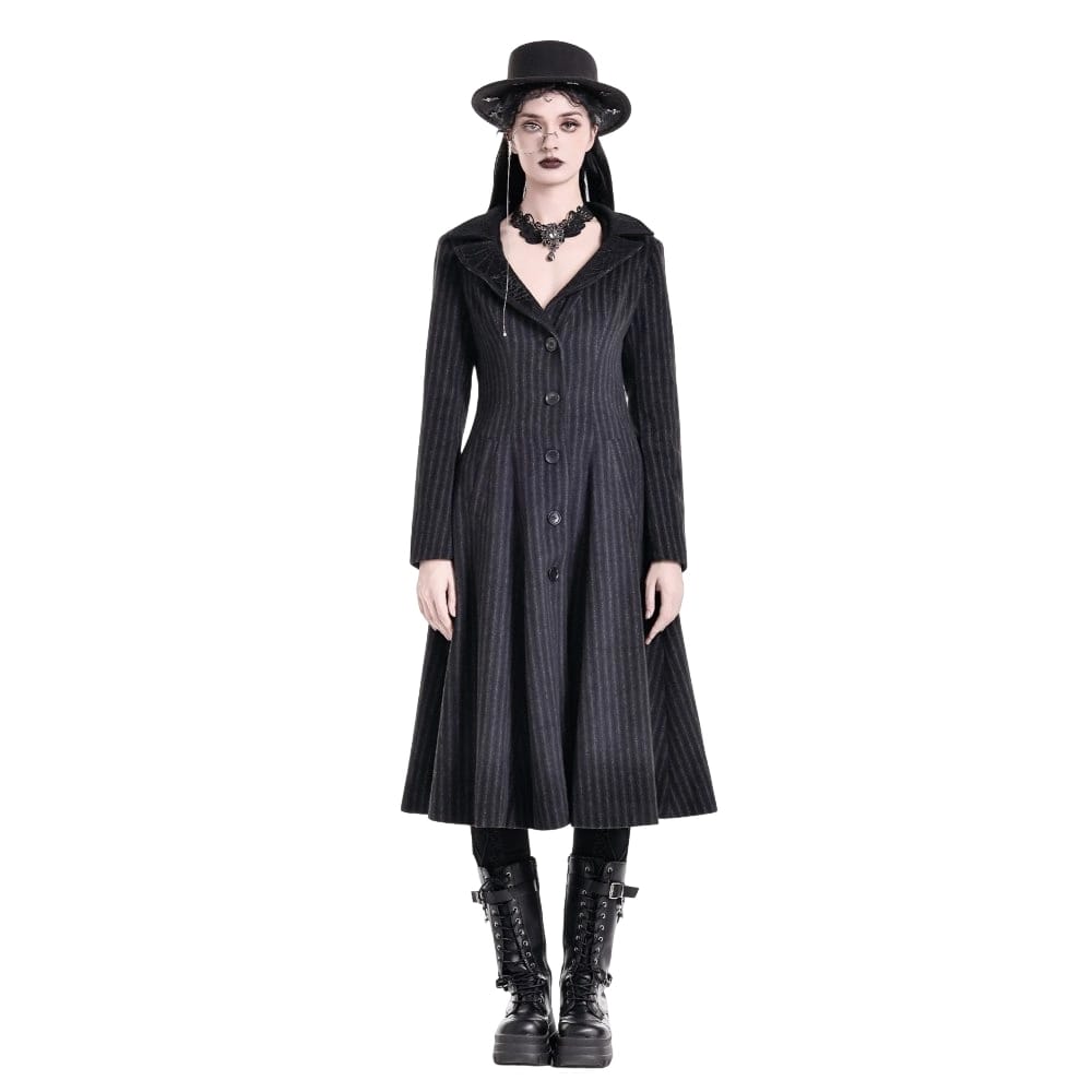 Darkinlove Women's Gothic Cobweb Lapel Pinstripe Single-breasted Long Coat