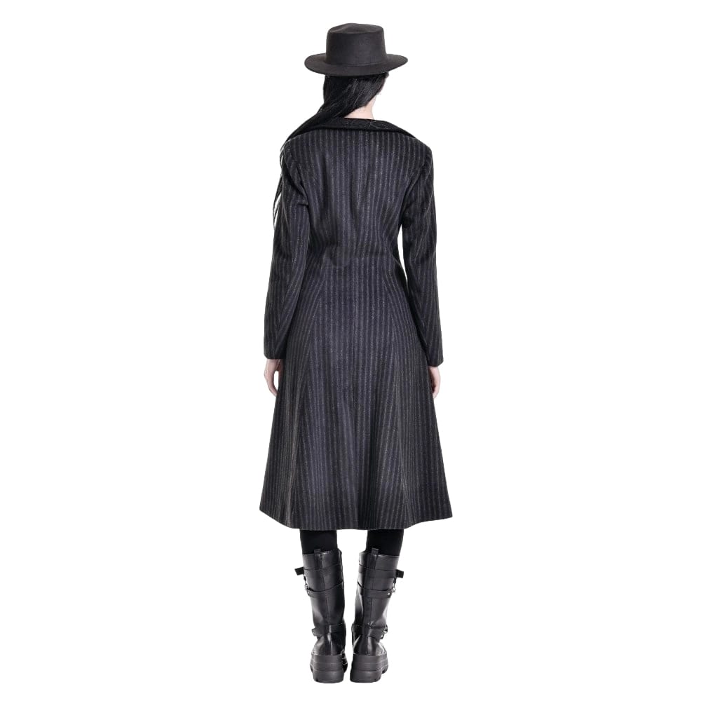Darkinlove Women's Gothic Cobweb Lapel Pinstripe Single-breasted Long Coat