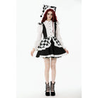 Darkinlove Women's Gothic Contrast Color Harlequin Puff Sleeved Dress