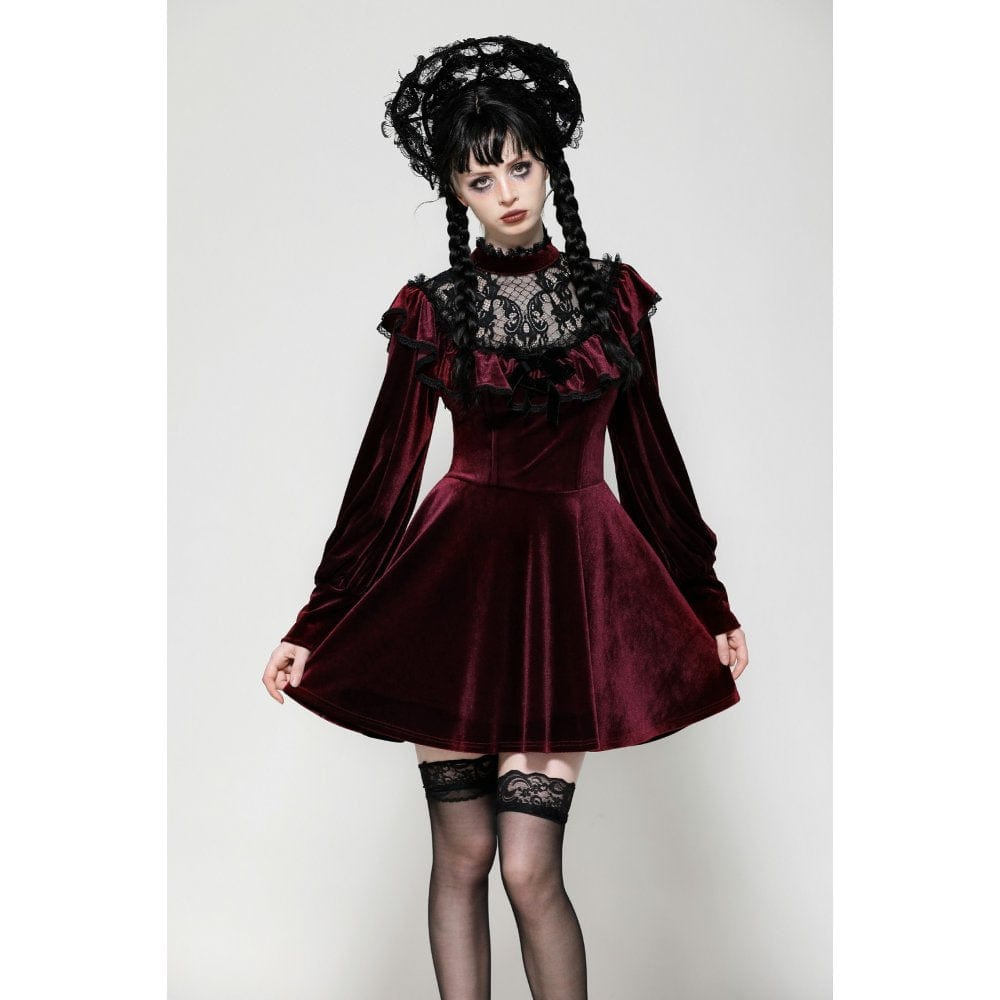 Darkinlove Women's Gothic Crochet Velvet Dress Red