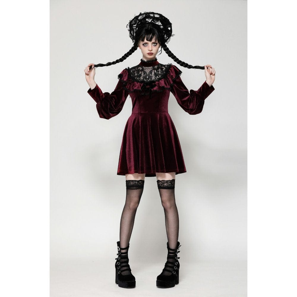 Darkinlove Women's Gothic Crochet Velvet Dress Red