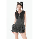 Darkinlove Women's Gothic Cross Bowknot Pinstripe Ruffle-Tier Dress