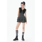 Darkinlove Women's Gothic Cross Bowknot Pinstripe Ruffle-Tier Dress