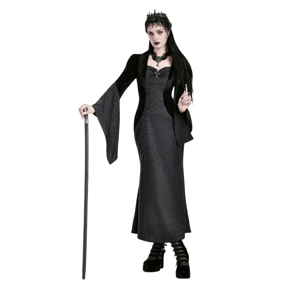 Darkinlove Women's Gothic Cross Decor Velvet Splice Jacquard Long Sleeved Dress