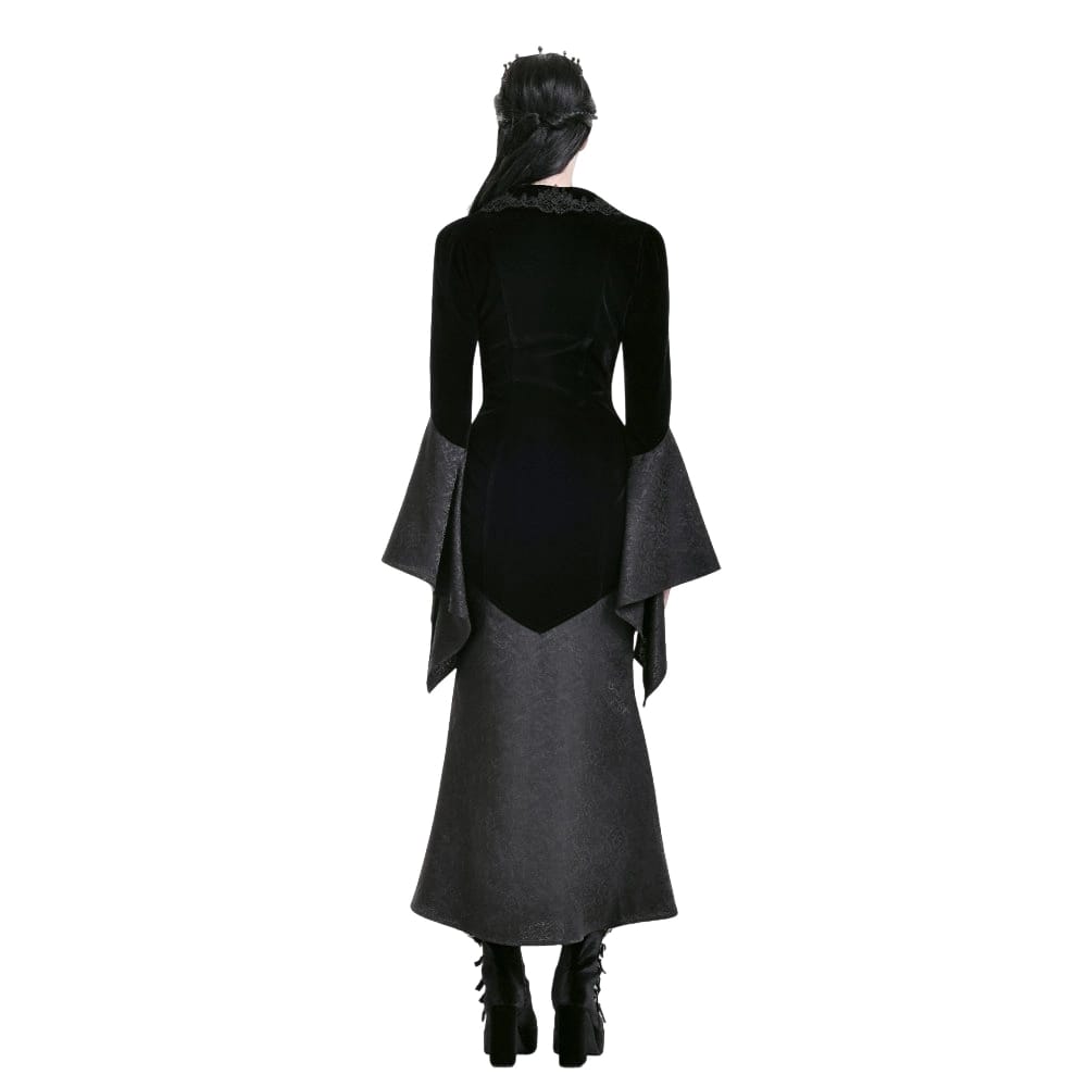 Darkinlove Women's Gothic Cross Decor Velvet Splice Jacquard Long Sleeved Dress