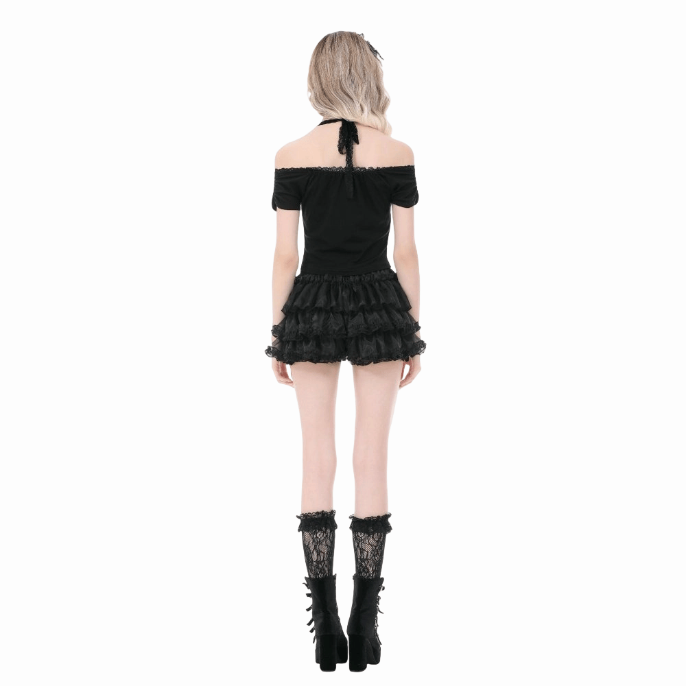 Darkinlove Women's Gothic Cross Ruched Halter Short Sleeve Crop Top