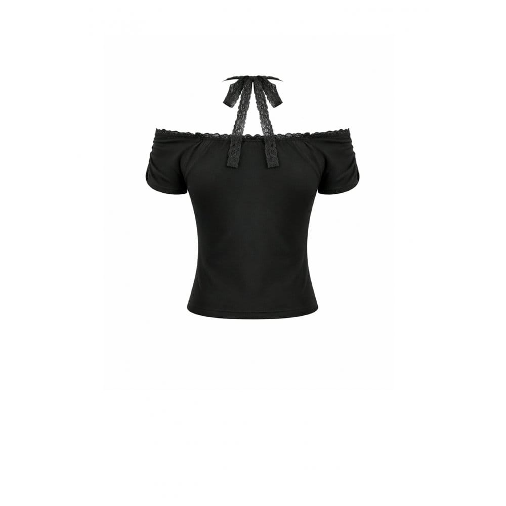 Darkinlove Women's Gothic Cross Ruched Halter Short Sleeve Crop Top