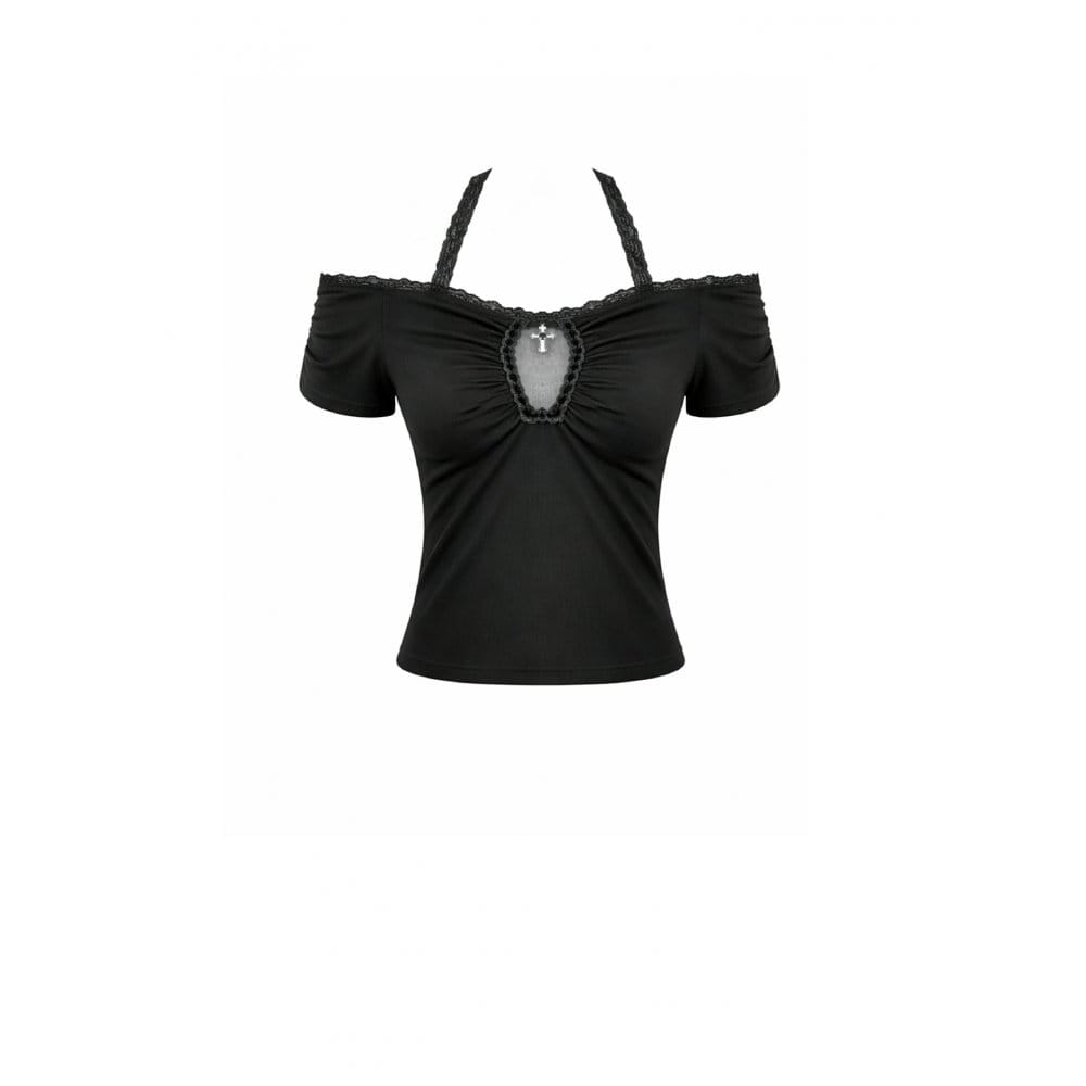 Darkinlove Women's Gothic Cross Ruched Halter Short Sleeve Crop Top