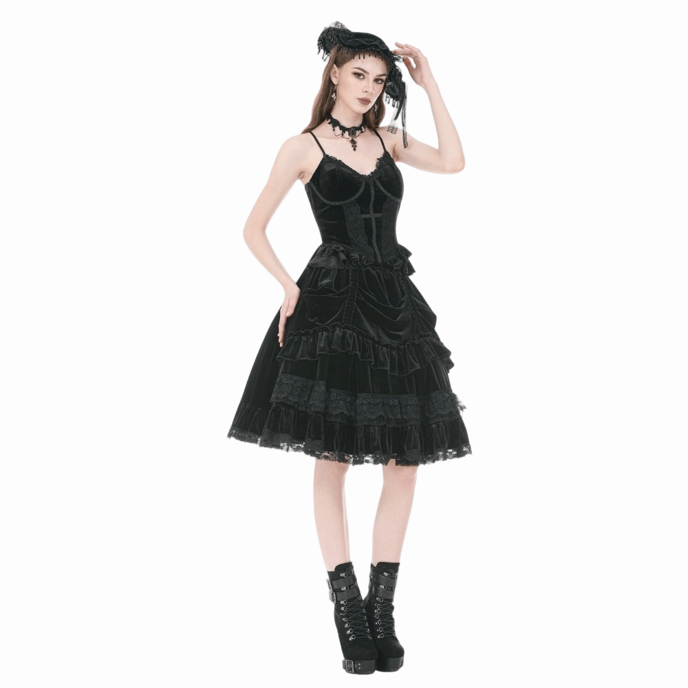 Darkinlove Women's Gothic Cross Trimmed Ruffled Velvet Top